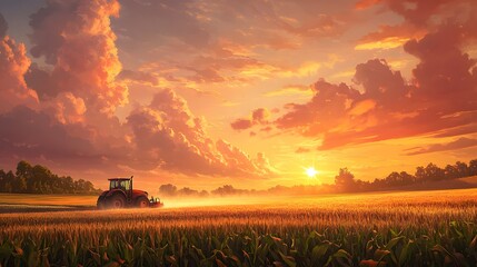 Fototapeta premium Serene Wide Angle View of a Beautiful Rural Landscape Featuring a Tractor at Sunset with Vibrant Colors and Lush Fields in the Background