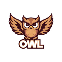 Angry cartoon owl mascot with spread wings and bold text below in vector style