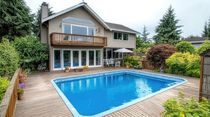 Fototapeta premium A house with an outdoor pool, surrounded by lush green foliage and a wooden deck.