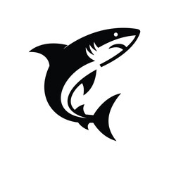 Bold black shark silhouette in side jump pose for marine themed design