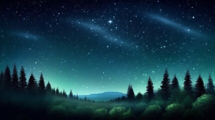 Naklejka premium Serene Night Sky Over Misty Forest Landscape