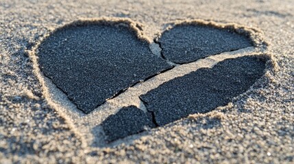 A lonely heart-shaped drawing in the sand with broken pieces, symbolizing a painful goodbye on a beach.