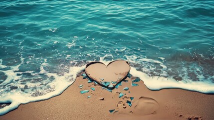 Obraz premium A lonely heart-shaped drawing in the sand with broken pieces, symbolizing a painful goodbye on a beach.