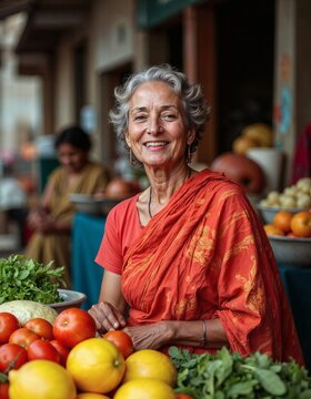 senior woman selling vegetables at the local market in India