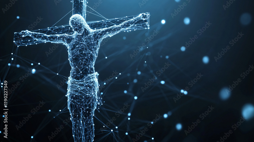 Fototapete crucifixion of jesus christ. low polygon, particle, and triangle style design.wireframe light connec