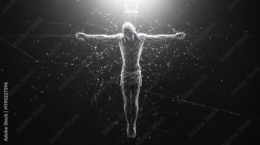 Fototapete Crucifixion Of Jesus Christ. Low polygon, particle, and triangle style design.Wireframe light connection structure