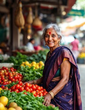 senior woman selling vegetables at the local market in India