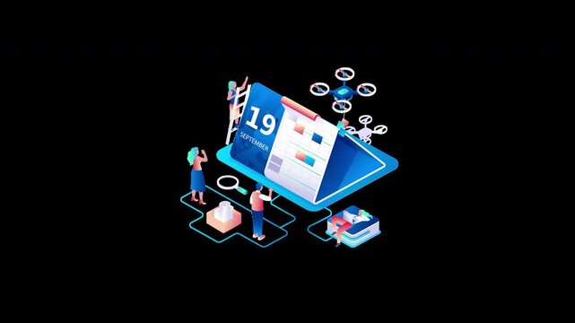 A digital workspace scene featuring diverse individuals planning a project with a calendar and drones in a modern design.