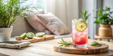 Refreshing Pink Beverage with Lime and Rosemary on Wooden Tray in Cozy Setting