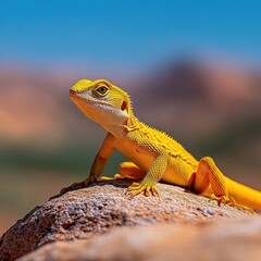 Obraz premium [Large Yellow Desert Lizard] Yellow Desert Lizard Sitting proudly atop rocky terrain amidst scenic desert landscape and clear blue skies.