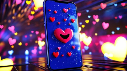 Colorful smartphone with heart decorations in a vibrant digital environment at night - Powered by Adobe