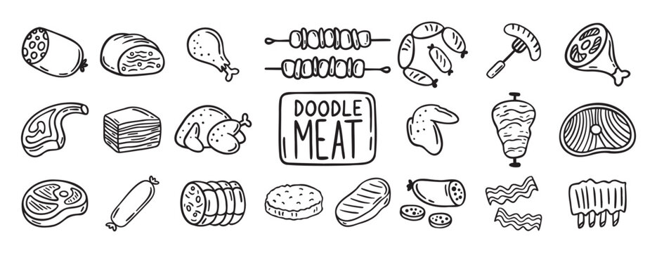 meat, pieces of meat and meat products doodle hand drawn icon set. Outline drawing meat products line clipart symbol collection