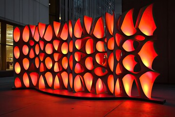 Illuminated architectural art installation at night, urban setting