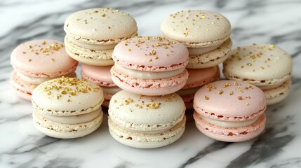 Obraz premium A delicate stack of macarons with soft pastel tones, including vanilla, rose, and pistachio flavors, styled on a marble surface