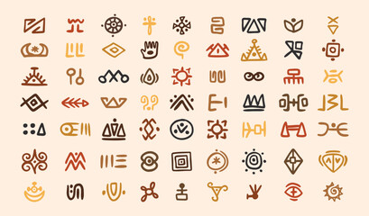 African tribal symbols Abstract geometric shapes doodle decoration set. Ethnic boho elements collection. Colorful mayan hand drawn design. 