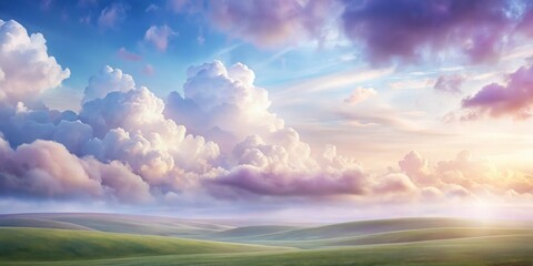 Serene Sunset Over Rolling Green Hills and a Dreamlike Sky with Fluffy Clouds