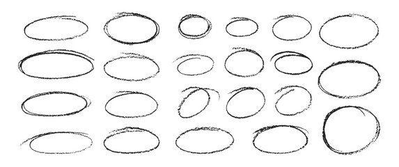 Set of black oval and circles with crayon, chalk or pastel texture. Freehand brush stroke highlight round, circular highlight frame element. Vector illustration.