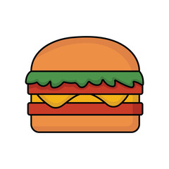 Cartoon hamburger with cheese, lettuce, and tomato in vector style
