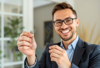 A cheerful real estate agent or manager smiles warmly while holding a key, symbolizing the successful handover to a new homeowner