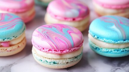 A detailed close-up of pastel macarons with intricate fillings, arranged in a neat stack on a marble countertop