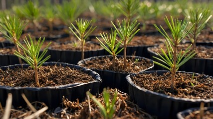 Seeds of Hope: Long leaf Pine Seedlings Growing in a Sunlit Restoration Nursery