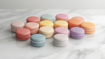 Fototapeta premium A neatly arranged stack of gourmet macarons in pastel tones, styled on a luxurious white marble background