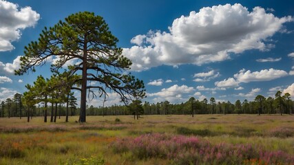 Fototapeta premium Wildflower Bliss: Long leaf Pine and Colorful Blossoms in a Tranquil Meadow