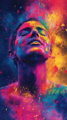 Colorful face with vibrant paint splashes