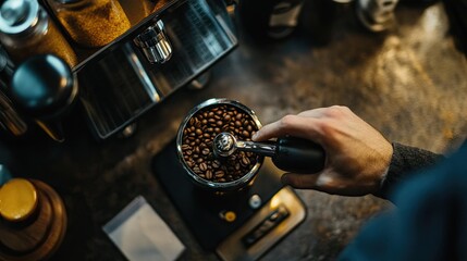 A person grinding coffee beans in a manual grinder on a countertop.