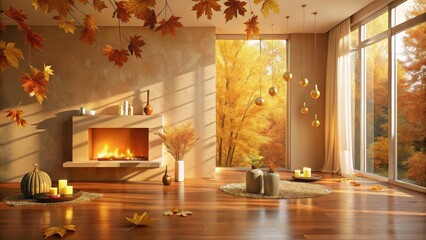 Autumnal Interior Design Warm Fireplace, Golden Sunlight, and Falling Leaves Embrace Cozy Living Space