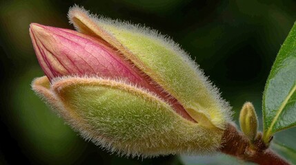 A close-up of a magnolia bud just beginning to open, revealing soft, pink petals inside.