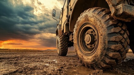 Off-Road Vehicle on Muddy Terrain at Sunset with Dramatic Sky