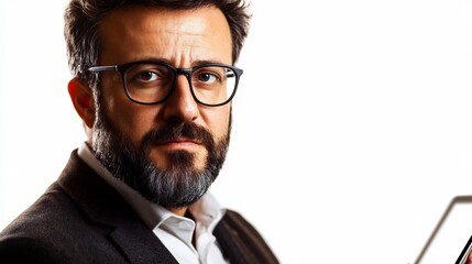 Portrait of a Serious Bearded Man in Glasses Holding a Tablet