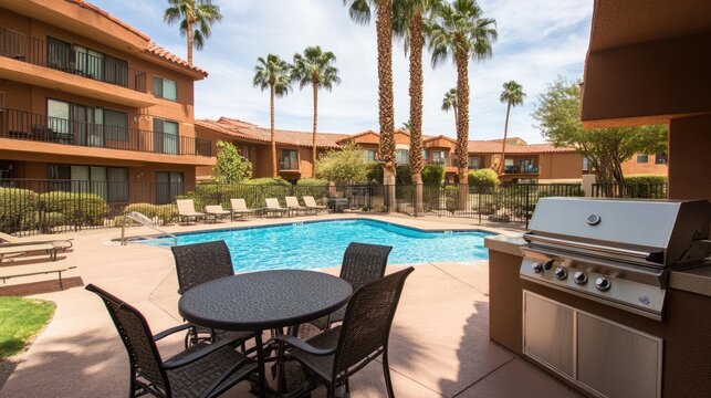 A poolside BBQ area with outdoor furniture set up next to a shimmering swimming pool.