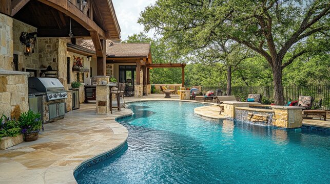 A poolside BBQ area with outdoor furniture set up next to a shimmering swimming pool.