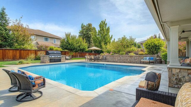 A poolside BBQ area with outdoor furniture set up next to a shimmering swimming pool.