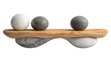 [Artistic representation of balanced threespherical objects] Artistic Balance: Three Textured Spheres Suspended by Wooden Planks in Perfect Equilibrium
