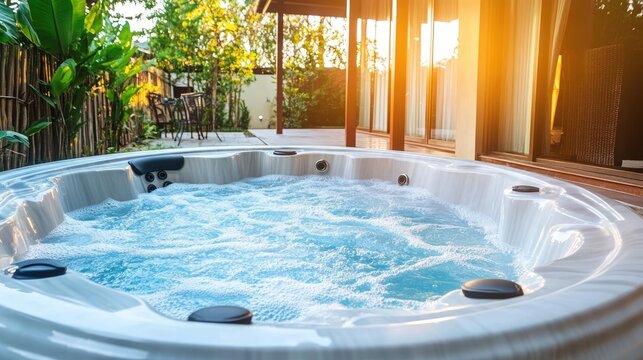 A pool with a jacuzzi feature surrounded by a luxurious home and tropical landscaping.