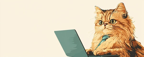 Business cats as bosses, Cat Working on Laptop in Casual Office Setting Illustration