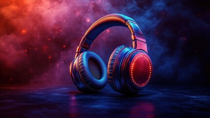 Fototapeta premium Illuminated wireless headphones on dark background.