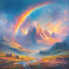 Vibrant Landscape with Rainbow Over Majestic Mountains