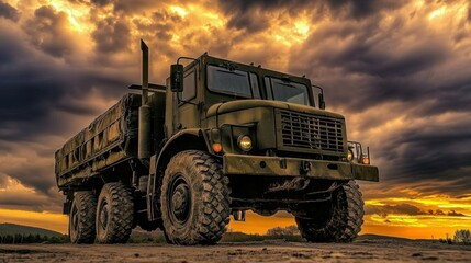 Military Vehicle at Sunset with Dramatic Clouds in Background