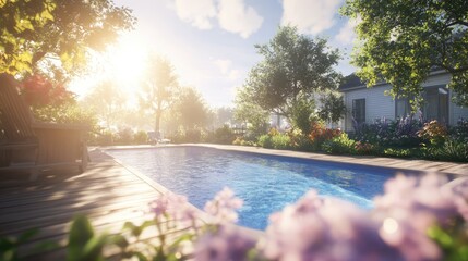 A relaxing morning swim in a beautifully designed backyard swimming pool.