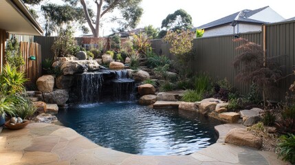 A relaxing morning swim in a beautifully designed backyard swimming pool.