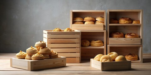 A delectable assortment of freshly baked sweet pastries and bread rolls displayed in rustic wooden crates on a wood table