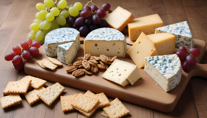 Assortment of cheeses and crackers arranged on a wooden surface. 

