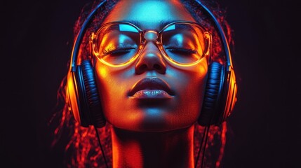 Serene woman with headphones, illuminated by vibrant neon lights, eyes closed, enjoying music.