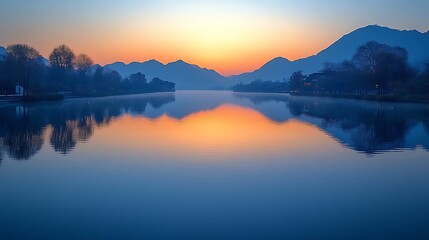 Fototapeta premium Serene sunrise over calm lake reflecting mountains and trees.