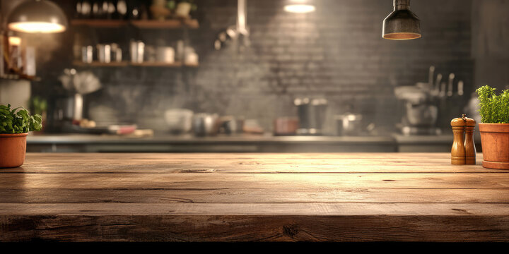 Wood Tabletop with Chef Cooking in Restaurant Kitchen for Culinary Branding