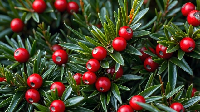 Florida Yew Close-Up: Intricate Needles and Vibrant Berries in Focus